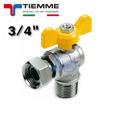 Valvola a sfera per gas 3/4″ a squadra M-F con girello leva gialla a farfalla - TIEMME