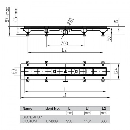 Kit canalina doccia a filo pavimento da 950 mm con telaio in acciaio inossidabile Ø 50 mm - Dimensioni