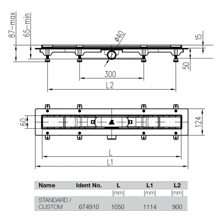 Kit canalina doccia a filo pavimento da 1050 mm con telaio in acciaio inossidabile Ø 50 mm - Dimensioni