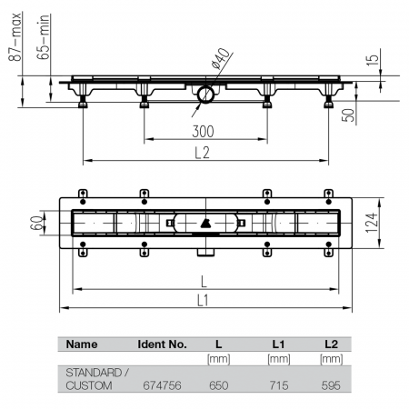 Kit canalina doccia a filo pavimento da 650 mm con telaio in acciaio inossidabile - Dimensioni