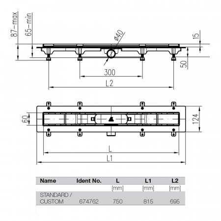 Kit canalina doccia a filo pavimento da 750 mm con telaio in acciaio inossidabile - Dimensioni