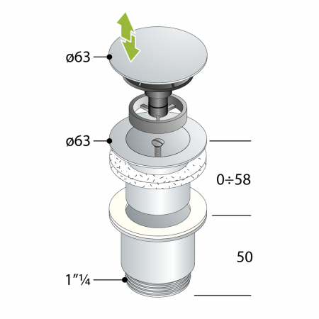 Piletta sifonata a vite clic-clac Ø 63 x 1″ 1/4 in ottone cromato per lavabo e bidet - dettagli