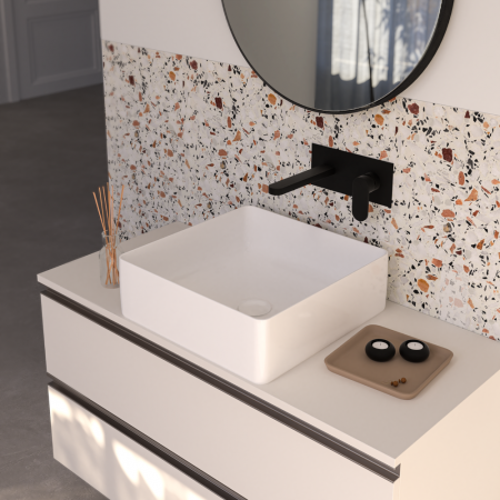 Lavabo d'appoggio quadrato in ceramica, senza troppo pieno MUSA - Dimensioni 41,6 x 41, 6 x 13,5 cm - PONSI