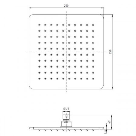 Soffione doccia quadrato 25x25 cm in acciaio inox ultraslim - Ponsi - DIMENSIONI