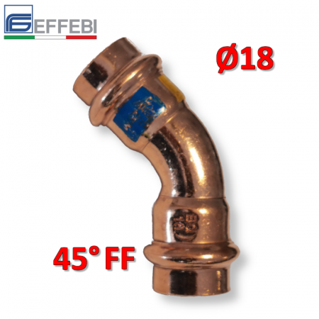 Raccordo a pressare rame - bronzo Ø18 mm FF curvo 45° gomito