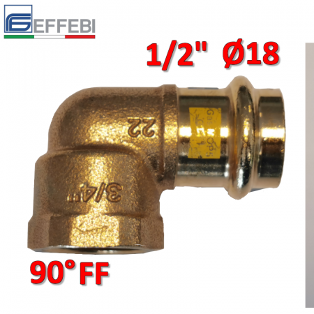 Raccordo a pressare rame - bronzo filettato 1/2″ - Ø18 mm F curvo 90° gomito