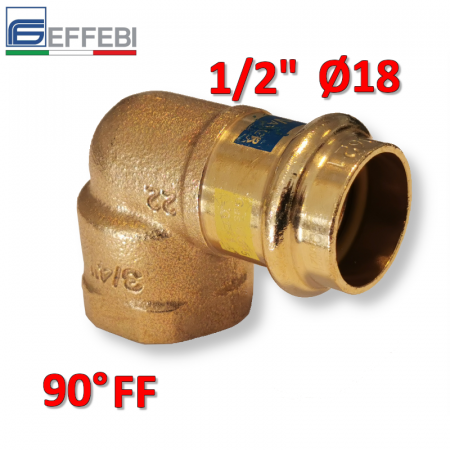 Raccordo a pressare rame - bronzo filettato 1/2″ - Ø18 mm F curvo 90° gomito