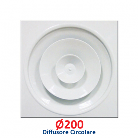 Diffusore circolare Ø 200 mm in alluminio bianco con pannello 60x60 cm, con serranda regolabile per controsoffitto