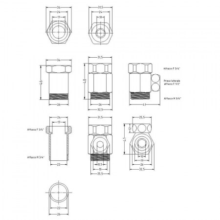 Coppie distanziatori Maschio/Femmina 3/4''x3/4'', con calotte girevoli, presa laterale Femmina da 1/2'' - Disegno