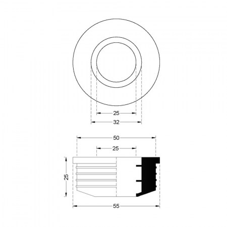 Morsetto, universale da mm 50x25/32, per curve tecniche in plurex nero - disegno tecnico