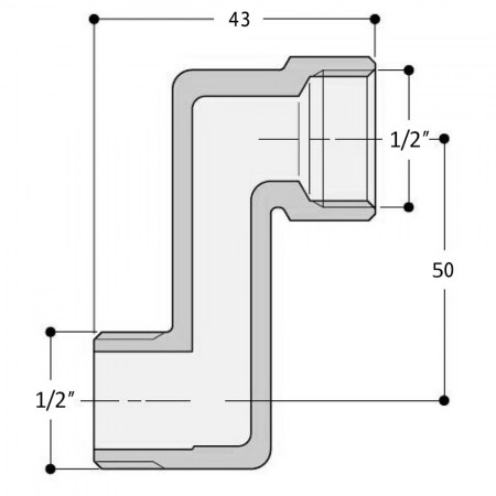 Raccordo eccentrico in ottone nichelato, attacchi MF1/2''x1/2'', con spostamento di 50 mm - disegno tecnico