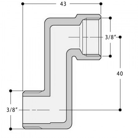 Raccordo eccentrico in ottone nichelato, attacchi MF 3/8''x3/8'', con spostamento di 40 mm - disegno tecnico