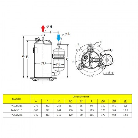 Compressore Rotativo GMCC/TOSHIBA R410a HBP - 16900 BTU 19,8 cc - PA200M2C - dimensioni