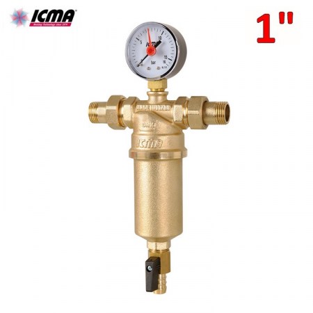 ICMA - Filtro autopulente 1″ in ottone per acqua con bochettoni M-M , manometro e rubinetto di scarico 83751AF05