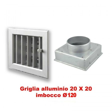 Bocchetta Aria 20x20 cm Griglia regolabile ALLUMINIO con Adattatore D.120