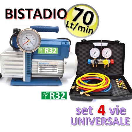 Pompa vuoto bistadio 70 Lt omologata R32 + set manometrico 4 VIE universale - KT.70B4R32