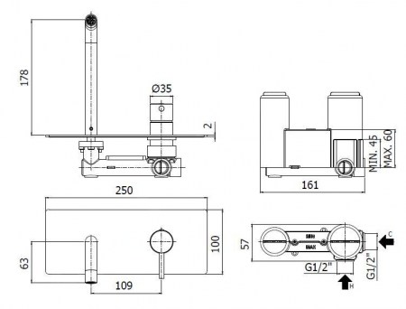 MISCELATORE LAVABO INCASSO LIGHT PAFFONI LIG105 CR CON PIASTRA RETTANGOLARE