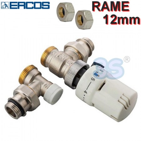 Valvola e detentore 1/2 squadra Ercos con testa termostatica e adattatori per tubo rame12x2mm