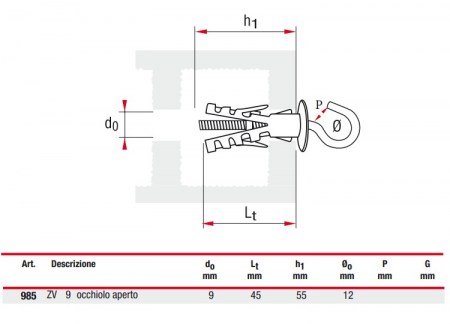Scheda tassello con gancio ad occhiolo aperto Ø 9 mm - 985