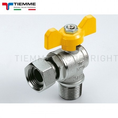Valvola a sfera per gas 1/2″ a squadra M-F con girello leva gialla a farfalla - TIEMME - 2220002
