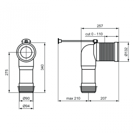 Curva tecnica universale per wc filo paret