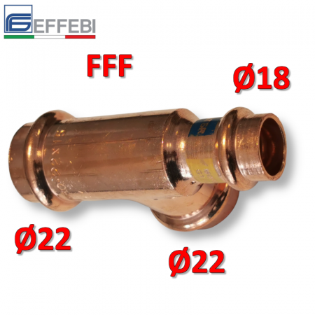 Raccordo a pressare rame - bronzo ridotto Ø22 - 22 - 18 mm FFF TEE - T