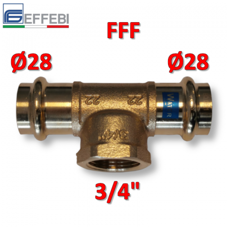 Raccordo T tee in bronzo Ø 28 x F 3/4″ x 28 mm - rame a pressare UNICO per acqua e gas