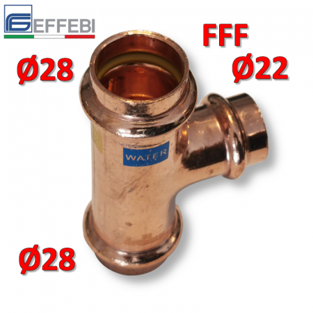 Raccordo tee T ridotto FFF Ø 28x22x28 mm - rame a pressare UNICO per acqua e gas