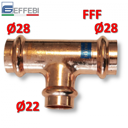 Raccordo tee T ridotto FFF Ø 28x22x28 mm - rame a pressare UNICO per acqua e gas