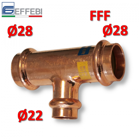 Raccordo tee T ridotto FFF Ø 28x22x28 mm - rame a pressare UNICO per acqua e gas