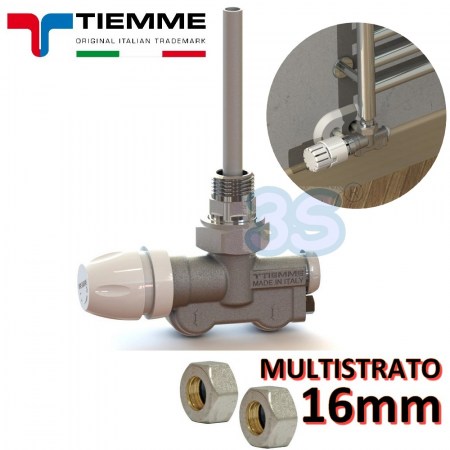 Valvola mono/bitubo 1/2″ TIEMME con adattatori multistrato 16 mm - attacchi a squadra per termoarredo scaldasalviette - 3381KSX.M16