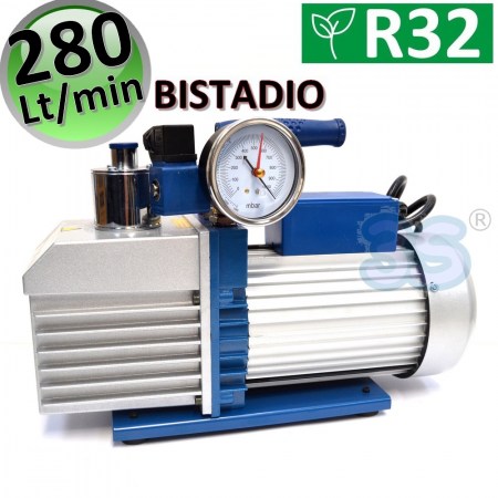 Pompa del vuoto bistadio con elettrovalvola e vacuometro 280 Lt/min per impianti gas R32 R1234YF - VE2100+E