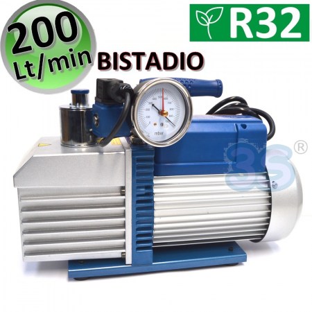 Pompa del vuoto bistadio con elettrovalvola e vacuometro 200 Lt/min per impianti gas R32 R1234YF - VE260+E