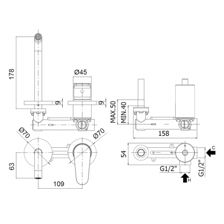 Dimensioni miscelatore lavabo incasso GREEN Paffoni GR105CR70