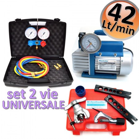 Pompa vuoto 42 Lt + set manometrico a 2 VIE + cartellatrice a frizione