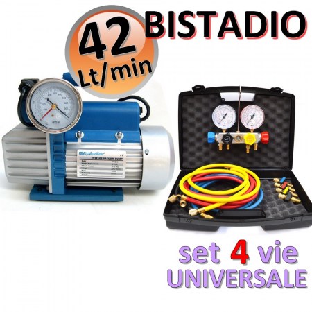 Pompa vuoto bistadio 42 Lt + set manometrico 4 VIE universale - codice KT.42B4