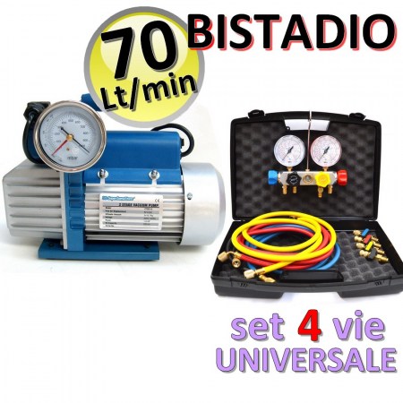 Pompa vuoto bistadio 70 Lt + set manometrico 4 VIE universale - codice KT.70B4