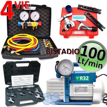 Kit professionale pompa bistadio 100 Lt omologata per gas R32, set manometri 4 vie, cartellatrice e chiave dinamometrica