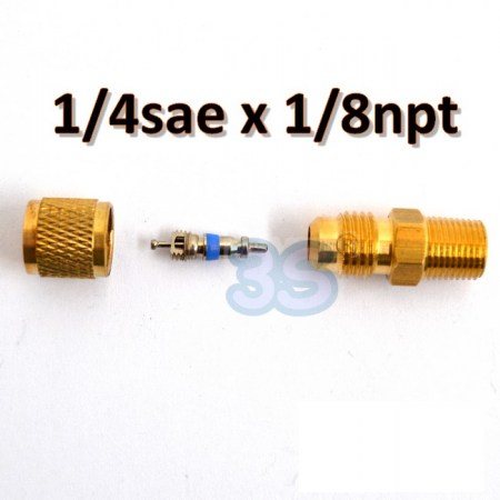 Raccordo dritto in ottone 1/4 sae x 1/8 npt con valvolina premispillo e tappo - VC-500-16